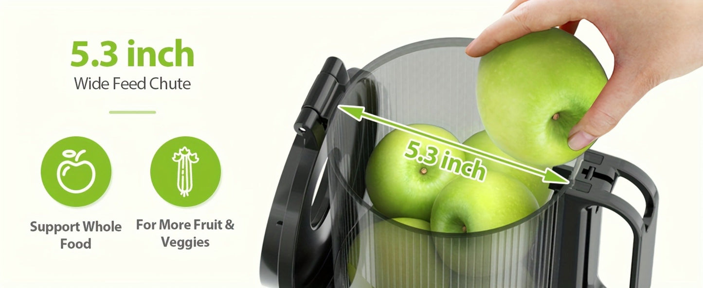 Cold Press Slow Juicer Machine with 5.3-Inch Large Feed Chute - High Juice Yield, Safety Lock, One-Click Cleaning