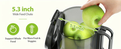 Cold Press Slow Juicer Machine with 5.3-Inch Large Feed Chute - High Juice Yield, Safety Lock, One-Click Cleaning