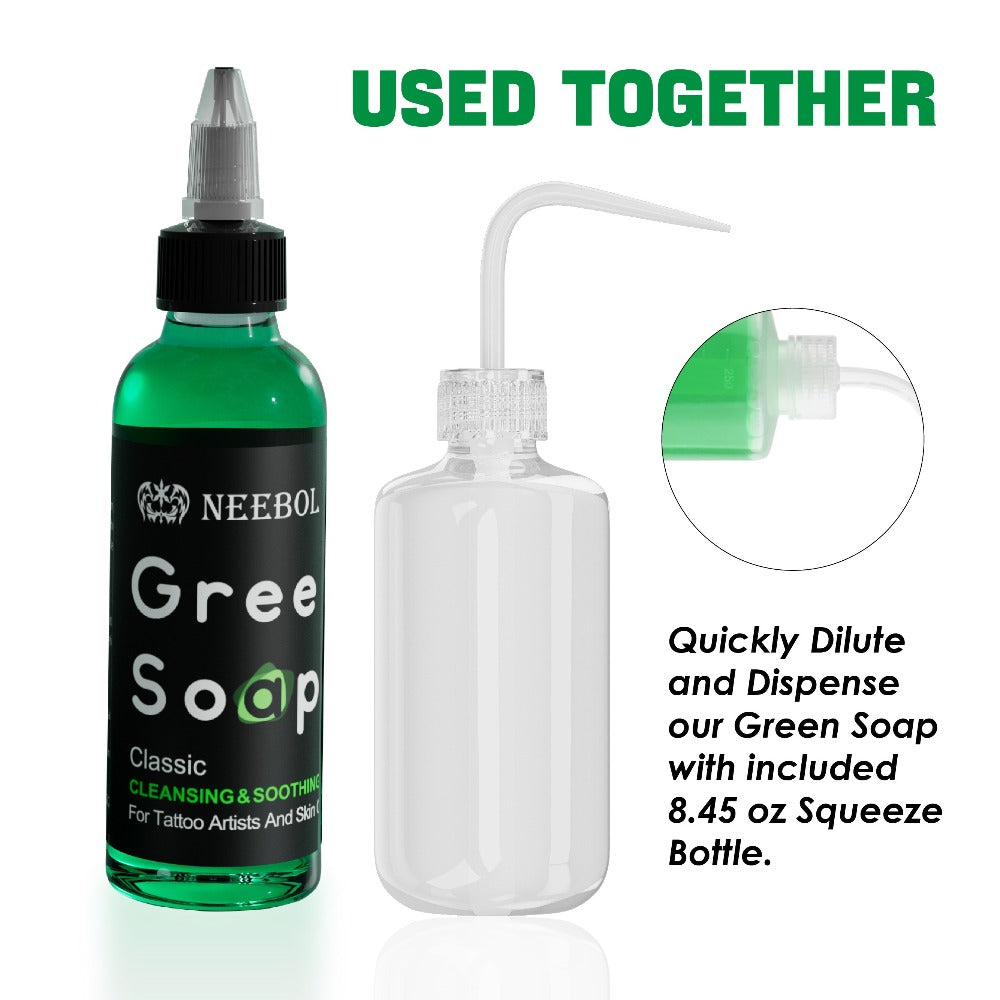 Tattoo Green Soap Cleaning Kit Neebol 8.5oz Concentrated Soap Squeeze Bottle Moisturizing Balm Cream Lint-Free Wipes Complete Skin Care Set