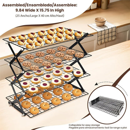 4-Tier Collapsible Cooling Rack Set with Muffin Cups – Metal Wire Baking Rack for Cookies Cakes for Grilling, Camping and Outdoor Meals