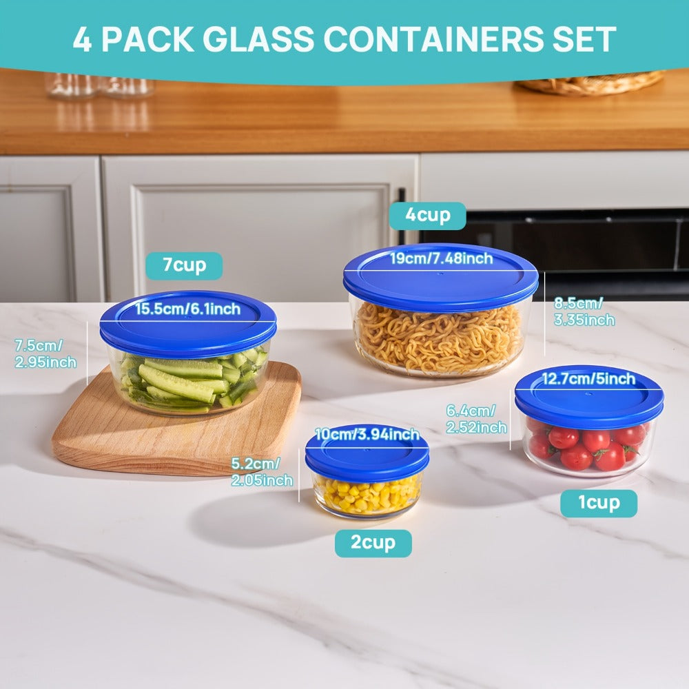 4-Pack Glass Food Storage Bowls with Lids Set of 4 Sizes 1 2 4 7 Cup Borosilicate Glass Meal Prep Containers Microwave Dishwasher Freezer