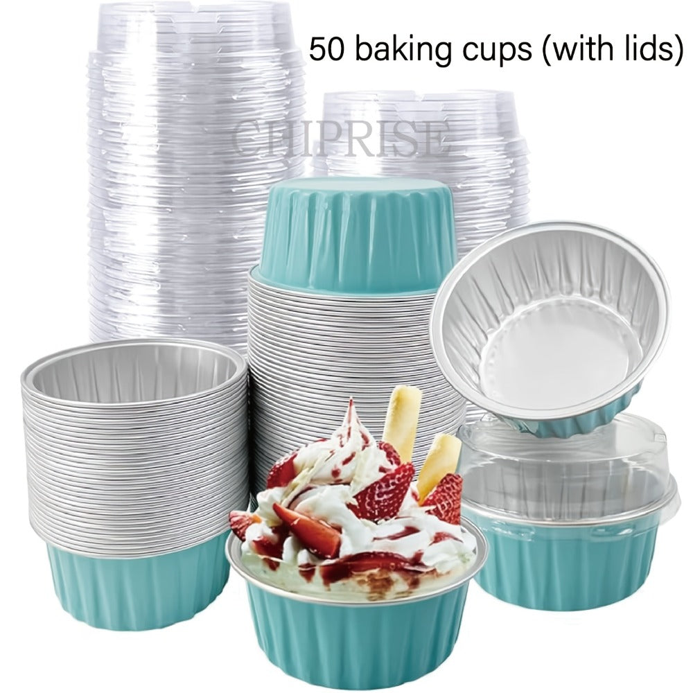 Aluminum Foil Baking Cups with Lids, Disposable Cupcake Molds with Spoons, Foil Dessert Cups for Pudding Muffins Mousse