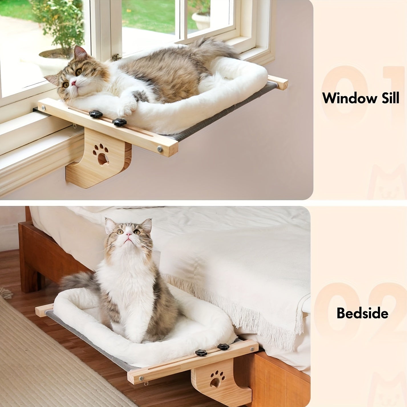 Cat Window Perch Hammock – Wood & Metal Frame Windowsill Seat for Large Indoor Cats, Adjustable Cat Shelf for Window Sill Bedside Drawer