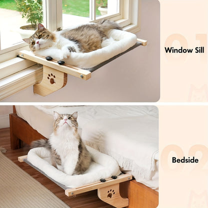 Cat Window Perch Hammock – Wood & Metal Frame Windowsill Seat for Large Indoor Cats, Adjustable Cat Shelf for Window Sill Bedside Drawer