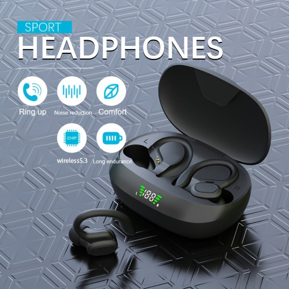 Wireless Earbuds Bluetooth 5.4 Open-Ear Sport Hooks with LED Charging Case in Black or Pale Red