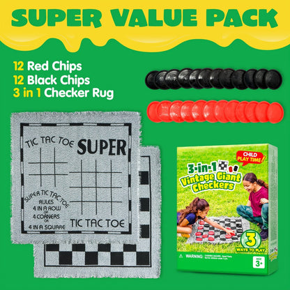 Giant Checkers Game 3-in-1 Set with Tic Tac Toe Reversible Mat 24 Oversized Pieces – Indoor Outdoor Family Board Game for Kids Adults