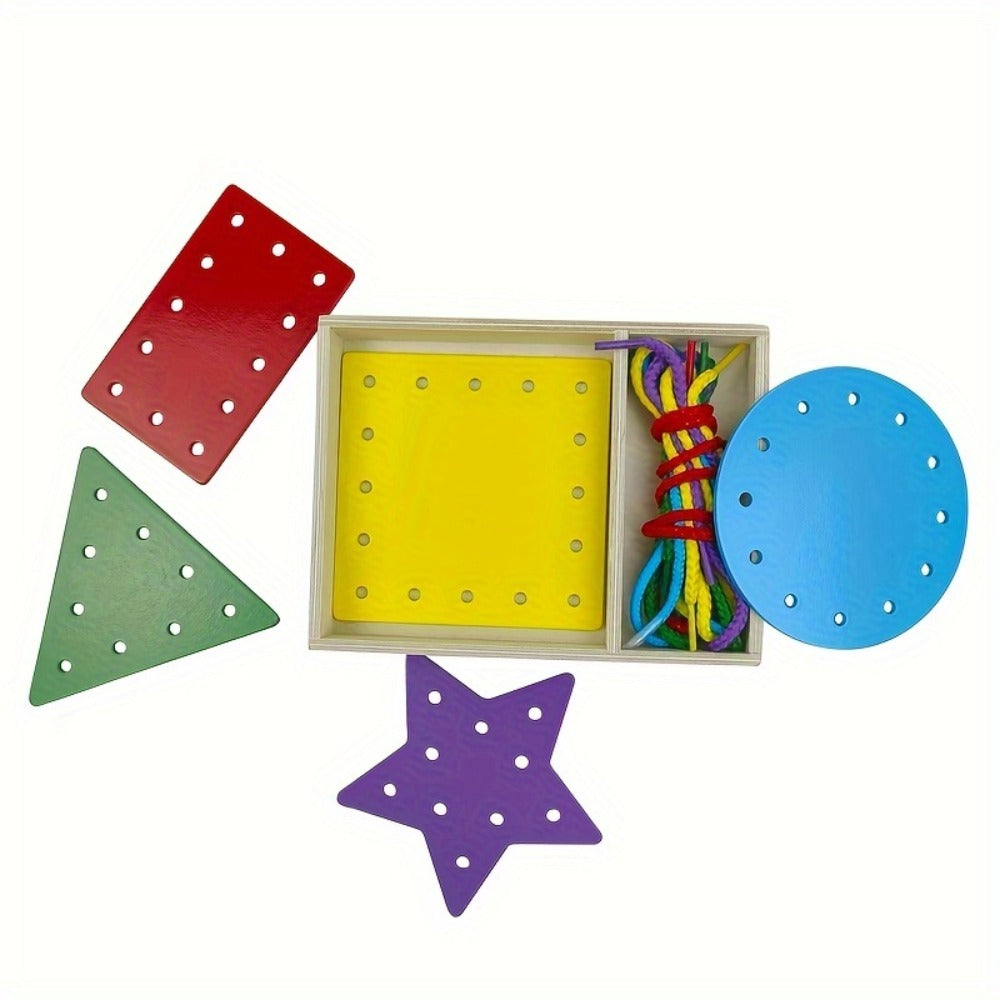 Montessori Wooden Lacing Cards for Toddlers, 5-Piece Double-Sided Threading Shapes in a Box
