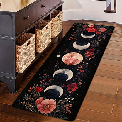 Area Rug Bohemian Moon Phase Floral Runner in Two Machine-Washable Sizes for Kitchen or Hallway
