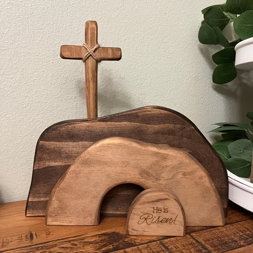 Easter Cross Decoration Wood He Is Risen Wooden Tomb Easter Resurrection Scene for Tray, Tabletop & Shelf