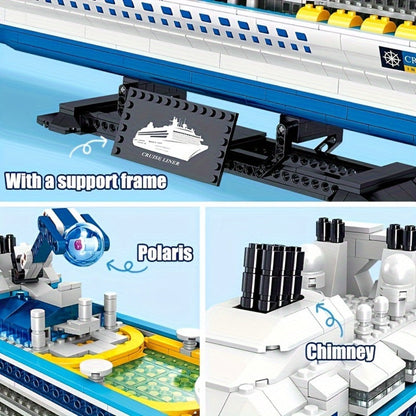 2428-Piece Cruise Ship Building Block Model with Black Display Stand, Lifeboats, Chimneys and Ocean-Liner Deck
