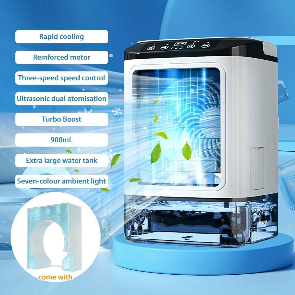 Portable Air Cooler Fan USB Humidifier with Rainbow Ambient Light, 3-Speed Atomization Misting Fan with Large Ice Box and Low Noise