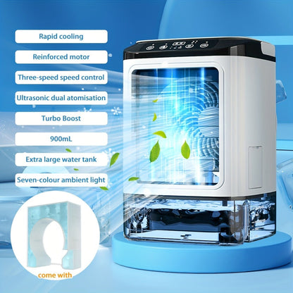 Portable Air Cooler Fan USB Humidifier with Rainbow Ambient Light, 3-Speed Atomization Misting Fan with Large Ice Box and Low Noise