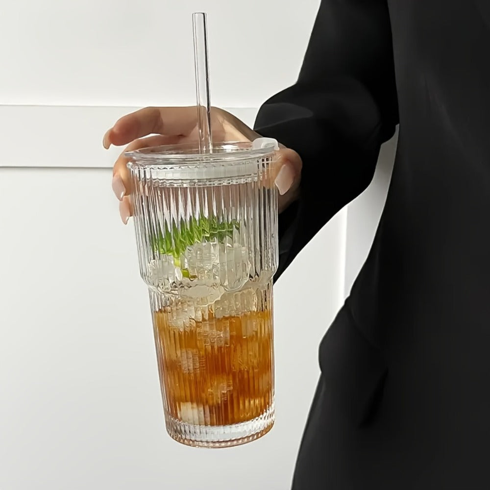 Striped Drinking Glasses with Lids and Glass Straws, 19-Ounce Tumblers in Two- or Four-Piece Sets