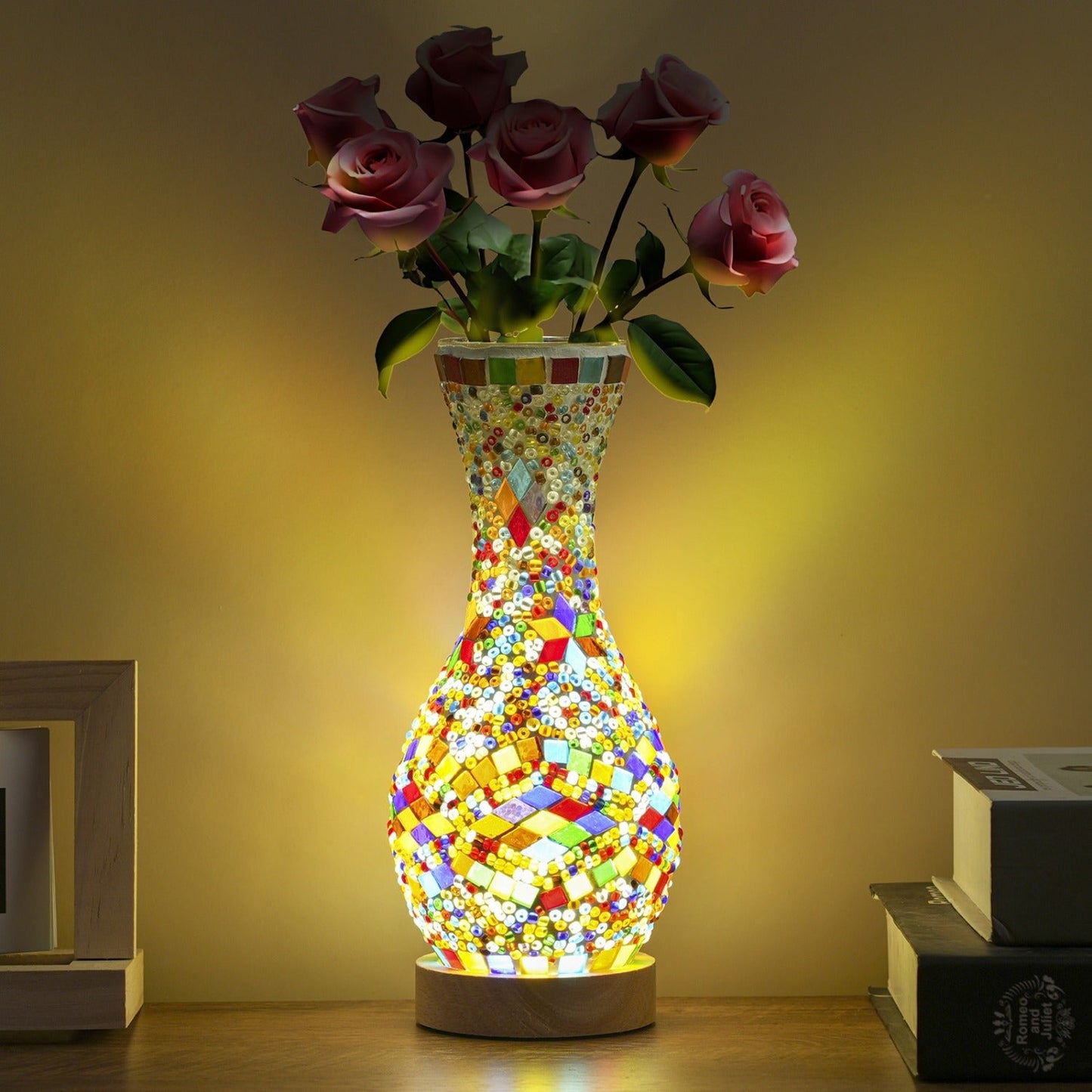 Mosaic Vase Lamp Turkish Moroccan Handmade Colorful Glass Table Lamp with Wooden Base, USB Plug-In Boho Night Light
