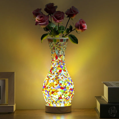 Mosaic Vase Lamp Turkish Moroccan Handmade Colorful Glass Table Lamp with Wooden Base, USB Plug-In Boho Night Light