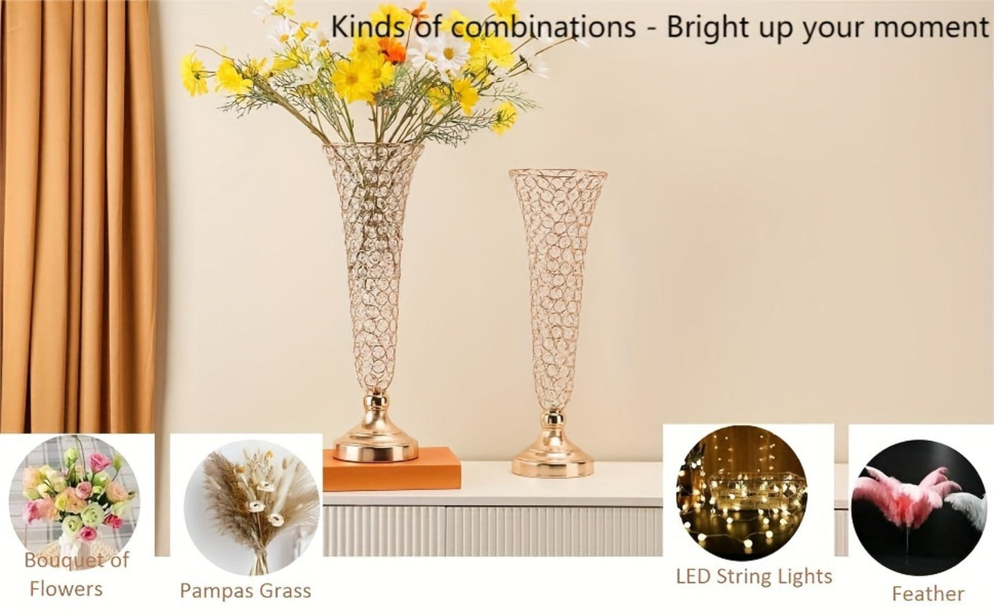 Crystal Trumpet Flower Vase Centerpieces for Wedding Table – Bling Wrought Crystal Vases for Party, Anniversary, Birthday