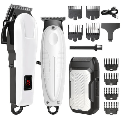 Hair Clippers & Trimmers White One-, Two- or Three-Piece Set with LCD Displays, USB-C Charging and Guide Combs