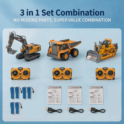 RC Construction Vehicle Set 2.4G 11-Channel Remote Control Excavator Dump Truck Bulldozer, 1:24 & 1:64 Alloy Engineering Toy