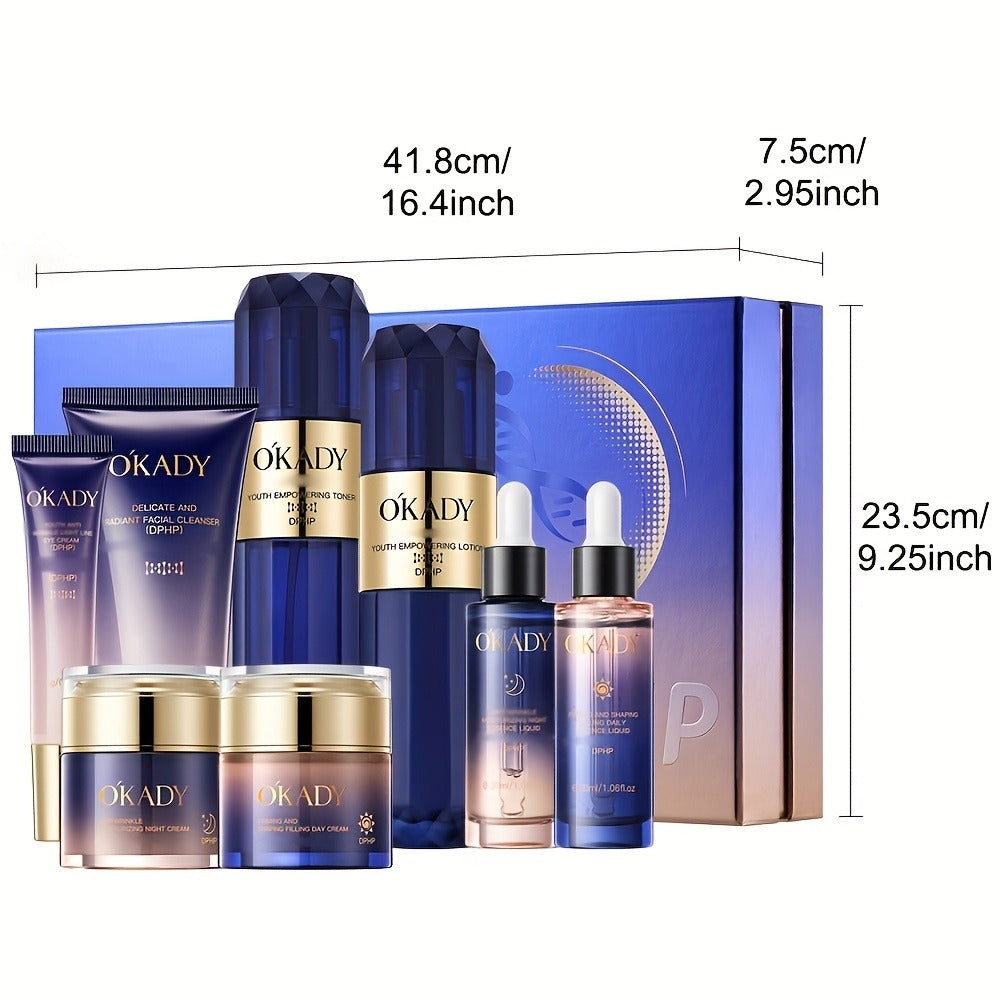 Skincare Set with OKADY Label, 8 Collagen and Hyaluronic Acid Product Items in Blue Gold Gift Box