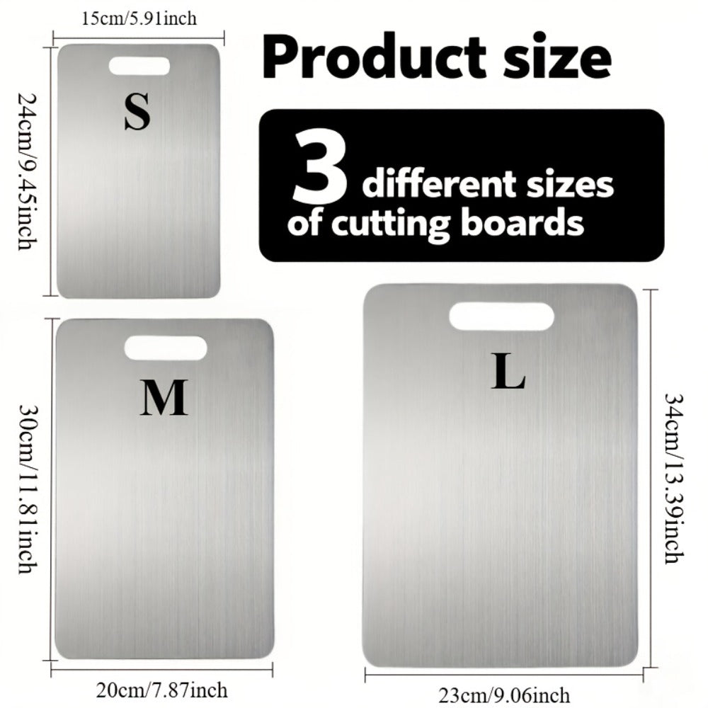 Three-Piece Stainless-Steel-Labeled Cutting Board Set with Rounded Corners, Handles and Graduated Sizes