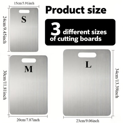 Three-Piece Stainless-Steel-Labeled Cutting Board Set with Rounded Corners, Handles and Graduated Sizes