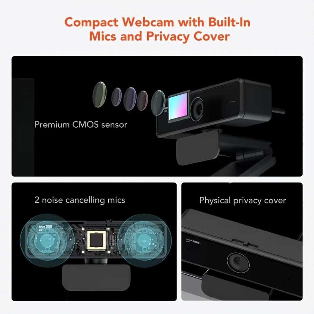 2K Webcam with Dual Microphone for PC Laptop, Nuroum V11 1440P HD USB Conference Camera, 360° Rotatable