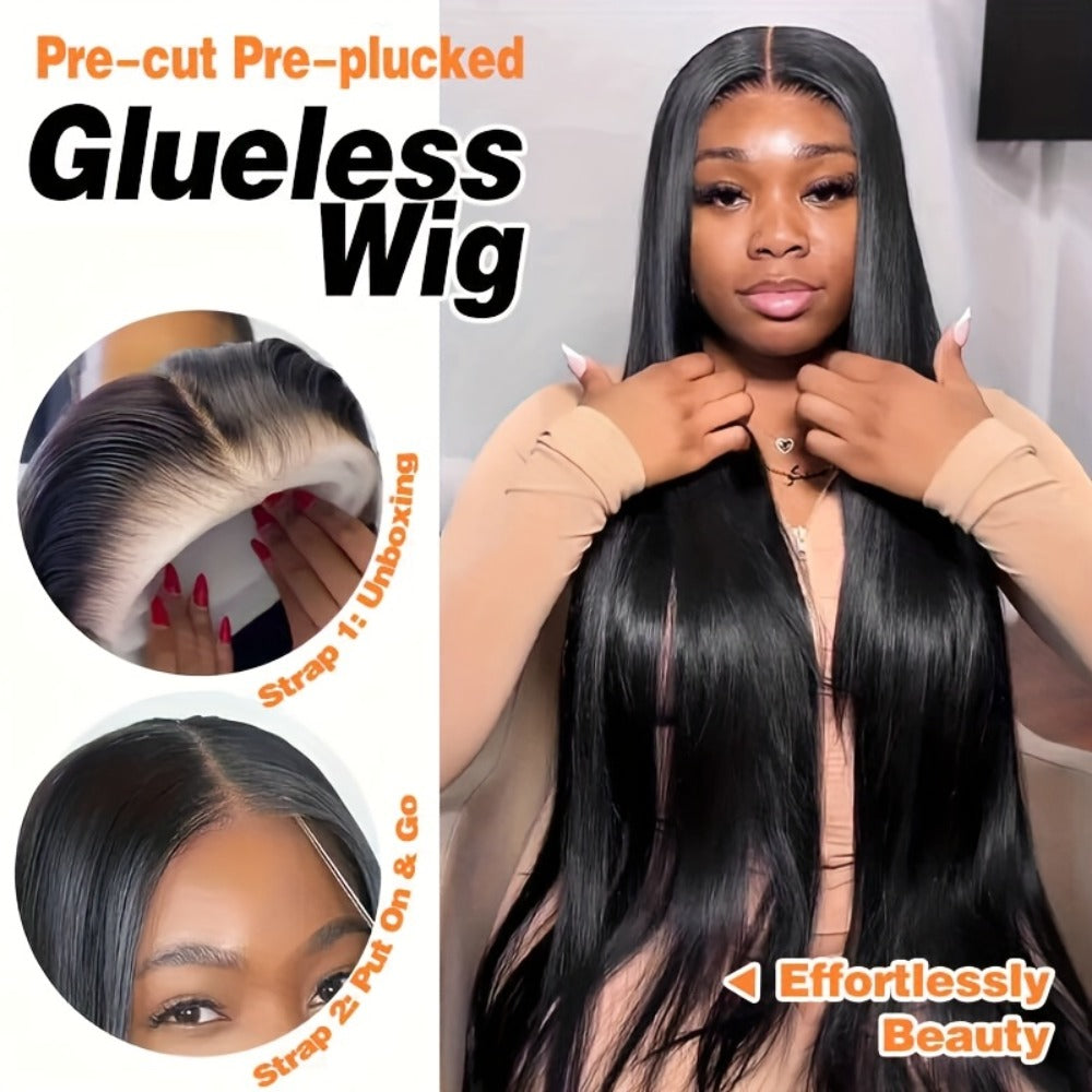 Wig Bone-Straight Glueless Human Hair in Natural Black, 10-34 Inch Options with Pre-Cut 6x4.5 Lace