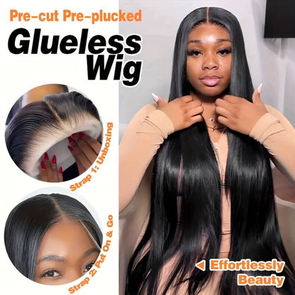 Wig Bone-Straight Glueless Human Hair in Natural Black, 10-34 Inch Options with Pre-Cut 6x4.5 Lace