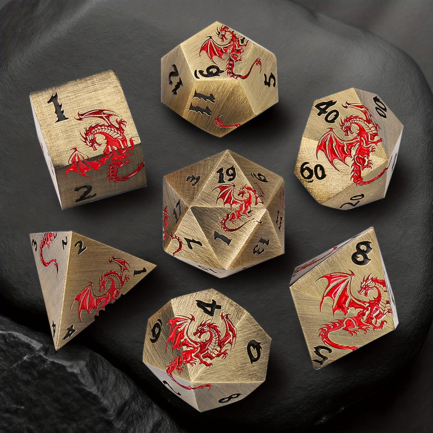 Dragon Metal Dice Set 7pcs Hand-Polished, Retro Carved Dragon Pattern Polyhedral DnD TTRPG RPG Dice with Dragon Storage Bag
