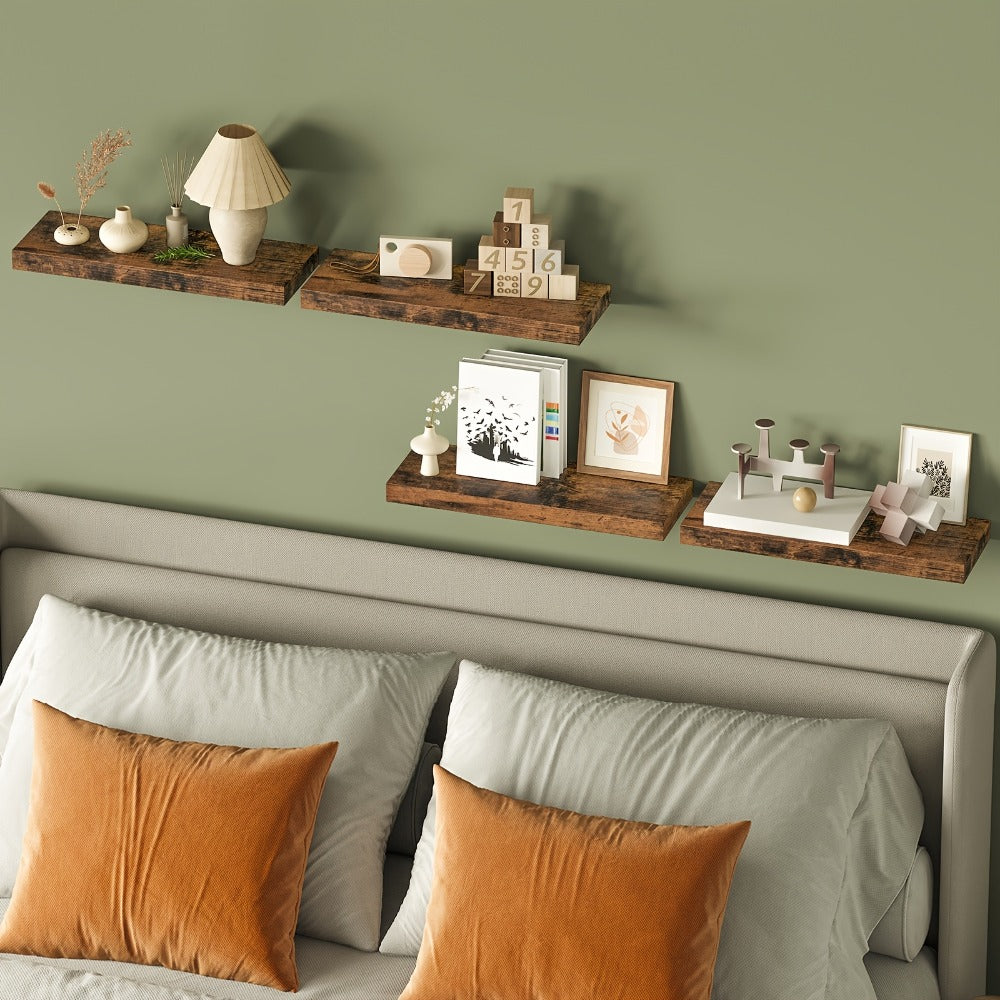Floating Wall Shelves Set of 4, Retro Style Wall Mounted Shelves with Invisible Brackets for Bathroom Living Room Bedroom Kitchen
