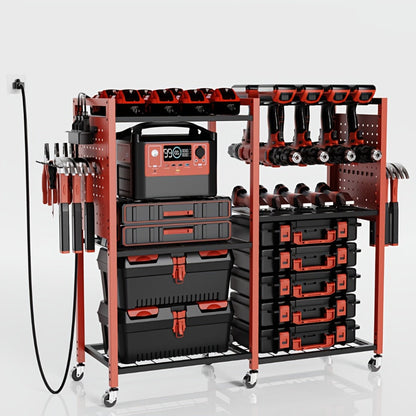 Mobile Tool Cart with Charging Station, 12 Drill Holders & 5 Storage Shelves Power Tool Organizer