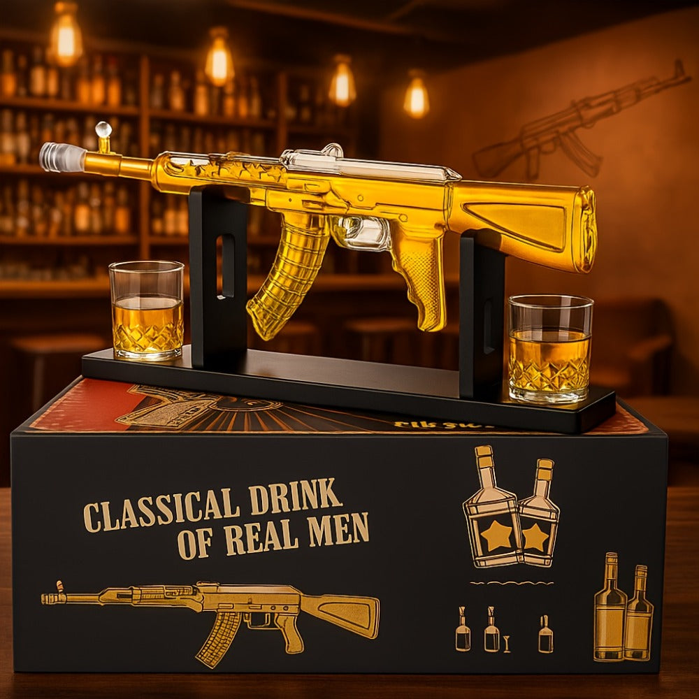 Gun Whiskey Decanter Set with Glasses Military Themed Liquor Dispenser AK47 M1911 Revolver for Entryways, Bedrooms and Living Spaces