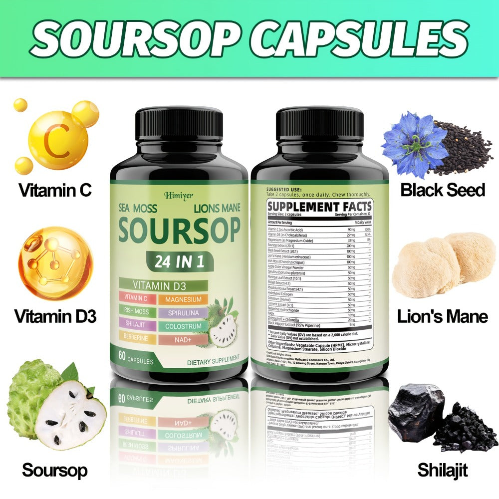 Soursop Capsules Advanced Herbal Supplement with Shilajit, Irish Moss, Berberine & NAD+, Immunity