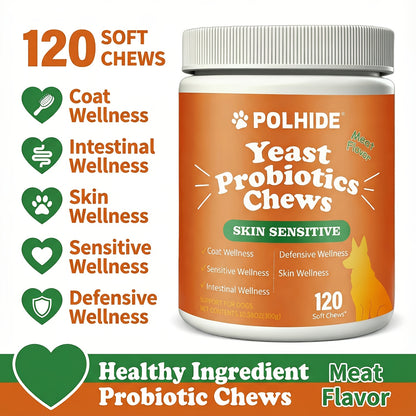 Probiotic Chews for Dogs 120 Count 90-Day Supply – Yeast & Gut Health Supplement, Soft Meat Flavor Chews for Coat