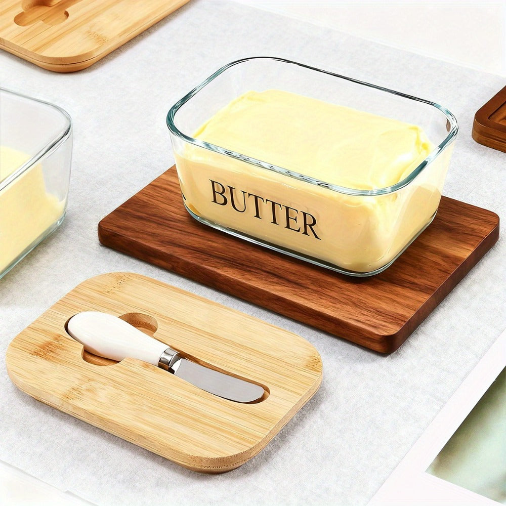Transparent 1 lb Glass Butter Dish with Bamboo Lid, White-Handle Knife and Rectangular Food Container