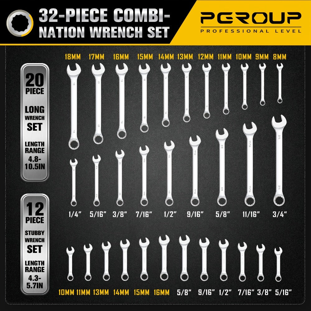 Combination Wrench Set with 14-Piece Metric, 14-Piece SAE or 32-Piece Mixed Checkout Options and Carry Case