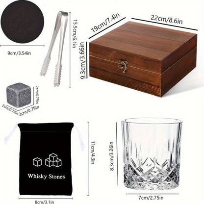 Whisky & Wine Glass Set with Cooling Stones, Ice Tong & Bartender Kit, Portable Bar Accessories for Luxurious Drinking Experience