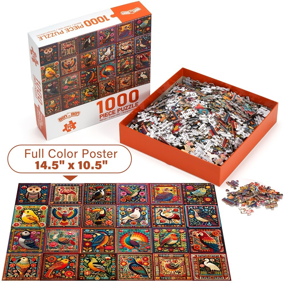 1000 Piece Bird Puzzle for Adults Bird Crochet Design – Challenging Animal Jigsaw with Letters on Back, Family Game Night Home Decoration