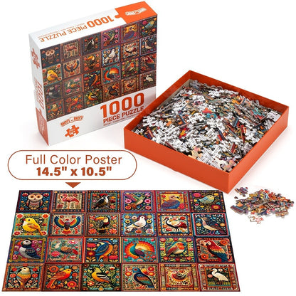 1000 Piece Bird Puzzle for Adults Bird Crochet Design – Challenging Animal Jigsaw with Letters on Back, Family Game Night Home Decoration