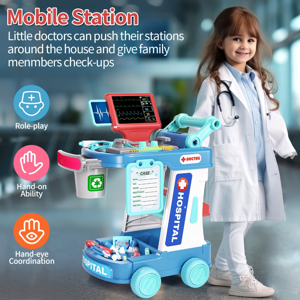 Kids Doctor Kit with Medical Cart Set, Movable Toy Trolley, Stethoscope, Thermometer & Accessories