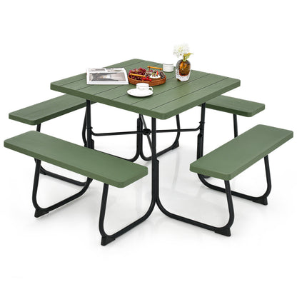 Outdoor Picnic Table 8-Person, Square HDPE Table with 4 Built-in Benches, Umbrella Hole, Metal Frame