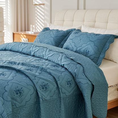 Quilt Set 3 Piece Floral Embroidery Bedspread – 100% Polyester Wrinkle Resistant Lightweight Quilted Coverlet with 2 Pillow Shams for Full