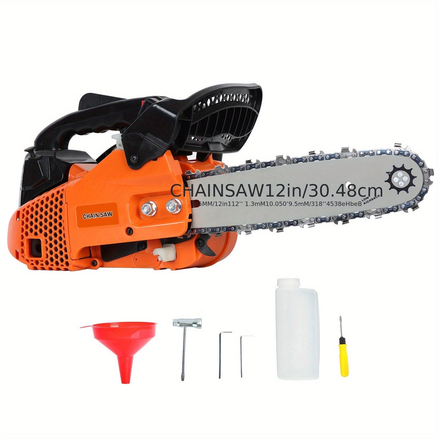 Compact 25.4CC Gas Chainsaw with 12-Inch Guide Bar and Orange Two-Stroke Engine Housing Design
