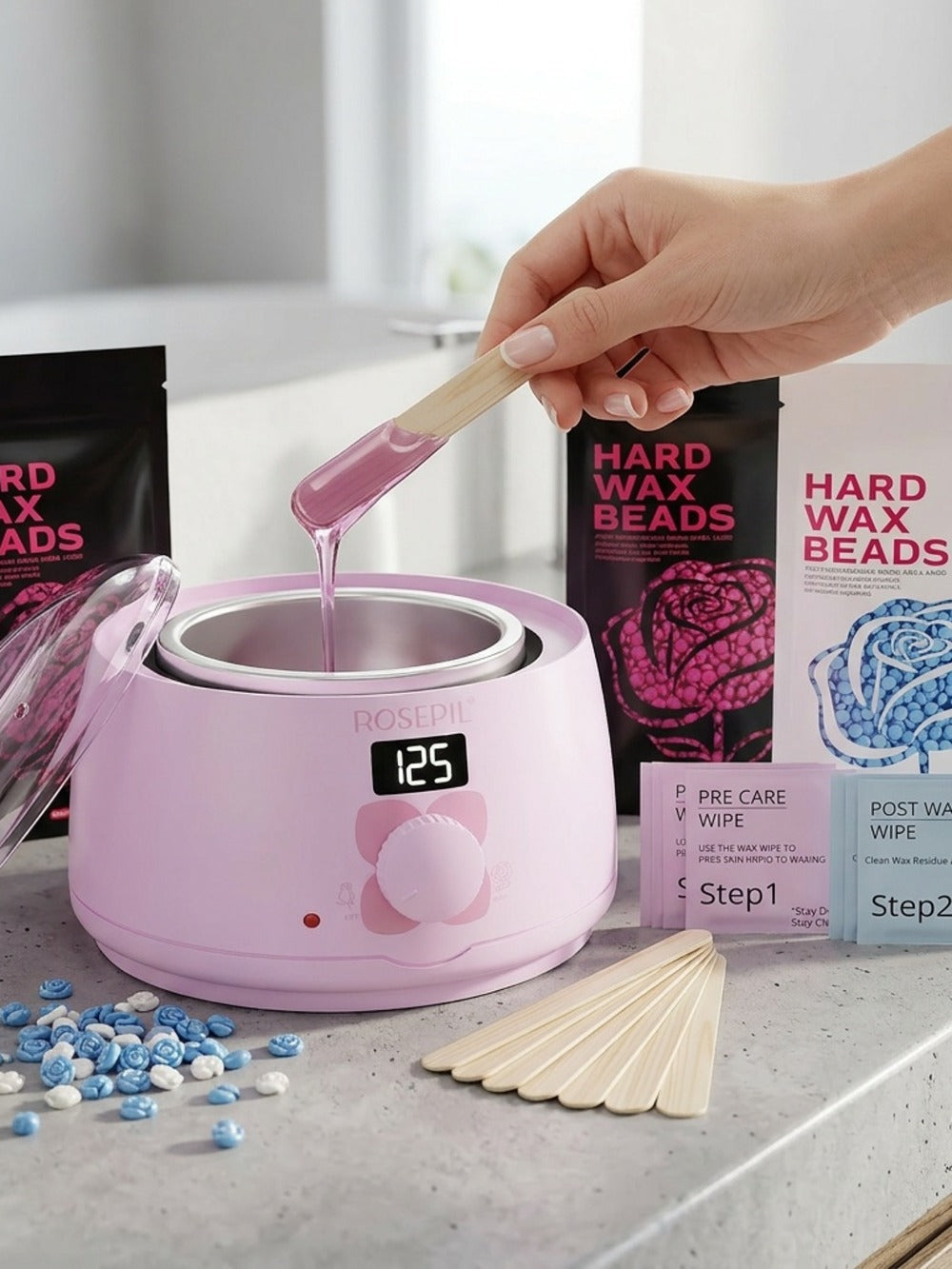 Wax Hair Removal Kit Digital Wax Pot with 6 Wax Bead Packets – Smart Temperature Control Salon-Grade Waxing Set for Body Bikini Face Legs