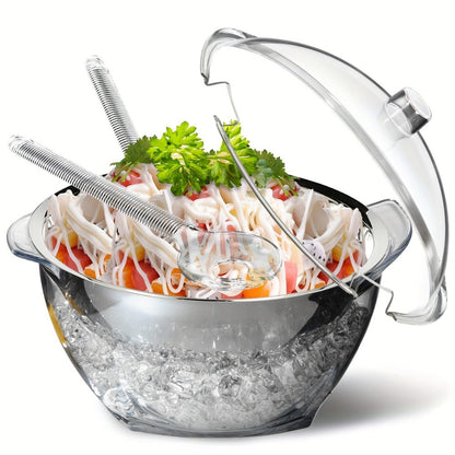 Stainless Steel Ice Chiller Salad Bowl with Lid and Serving Spoons – Large Refrigerated Veggie Fruit Tray with Ice Chiller Base for Party