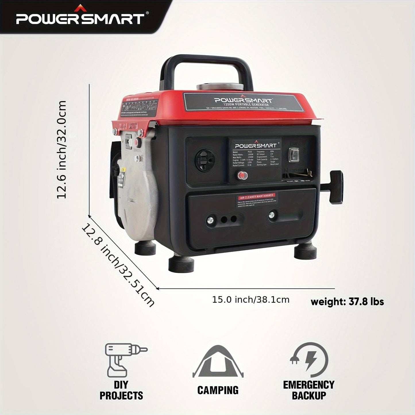 Portable Generator 1200W 2-Stroke Low Noise - Compact Gas Powered Generator for Camping, Job Sites