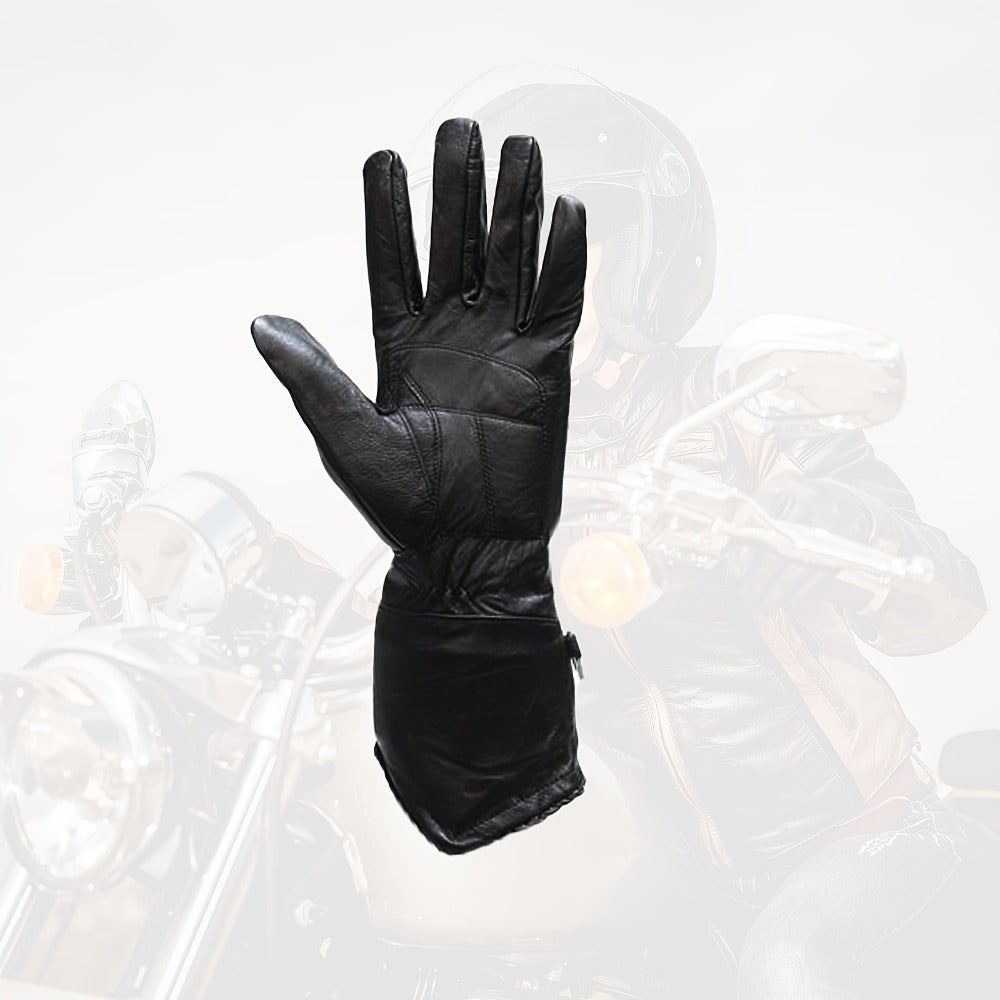 Black Full-Finger Motorcycle Gloves with Long Gauntlet Cuffs, Stitched Eagle Motif and Five Sizes
