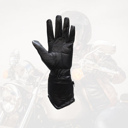 Black Full-Finger Motorcycle Gloves with Long Gauntlet Cuffs, Stitched Eagle Motif and Five Sizes
