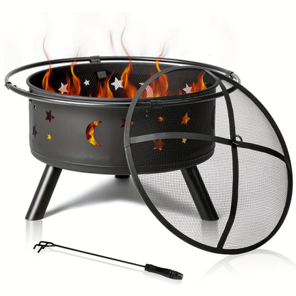 Square Fire Pit Table 32 Inch Metal Wood Burning Outdoor Fire Pit with Mesh Lid, Poker & Tabletop for Backyard Patio Garden Gatherings