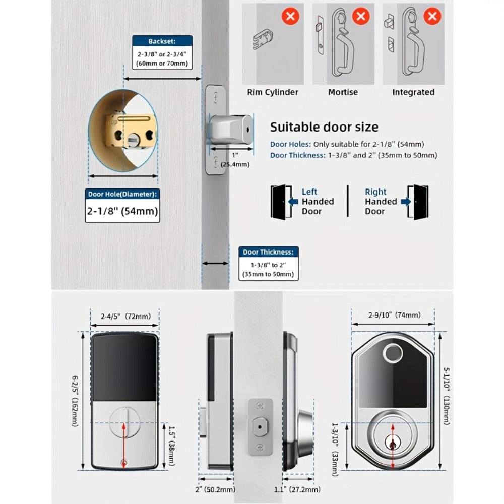 Smart Door Lock Deadbolt with Fingerprint PIN Key and Card or Cardless Black Silver Configurations